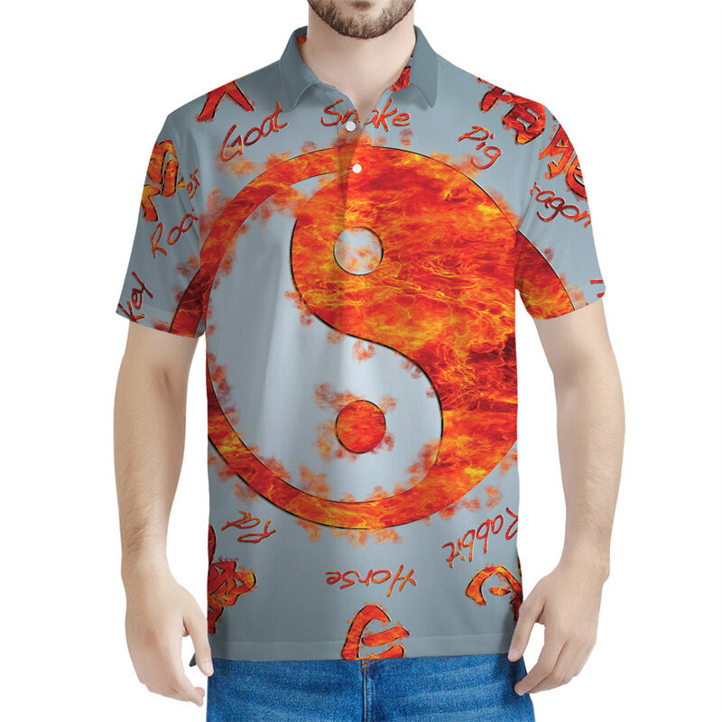 남성용 빈티지 음양 패턴 폴로 셔츠, 3D 프린트 8 트라이그램 티, 여름 라펠 반팔 상의, 단추 루즈 티셔츠