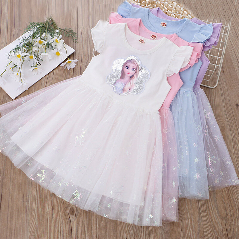Vestidos de princesa con manga voladora para niñas, ropa de fiesta de Elsa de Frozen, novedad de verano 2024