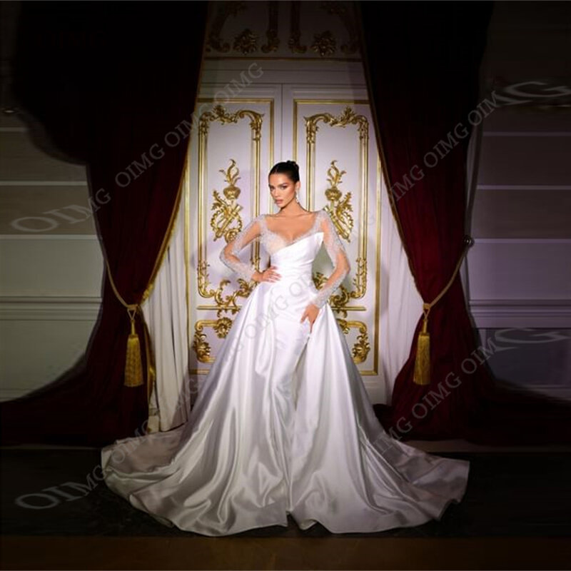 OIMG Queen Long Lace Sleeves Satin Wedding Dresses Gowns Satin Sequins A Line Formal Pricness Bride Bridal Gown Dress