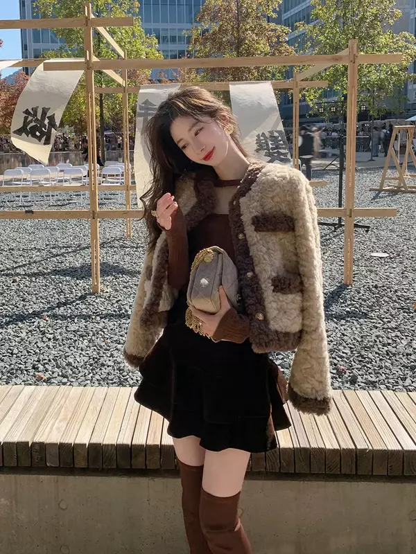 Elegante Streetwear O-Kragen Einreiher Faux Lamm Wolle Kurz mantel Frauen koreanische Mode lose dicke warme Outwear Freizeit mantel