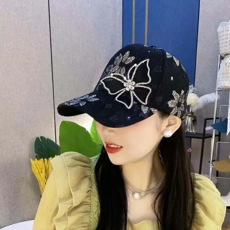 Rhinestone Lace Embroidery Hat Ventilate Netting Cap Flower Rhinestones Sun Protection Bow Cap with Butterfly Beach Hat