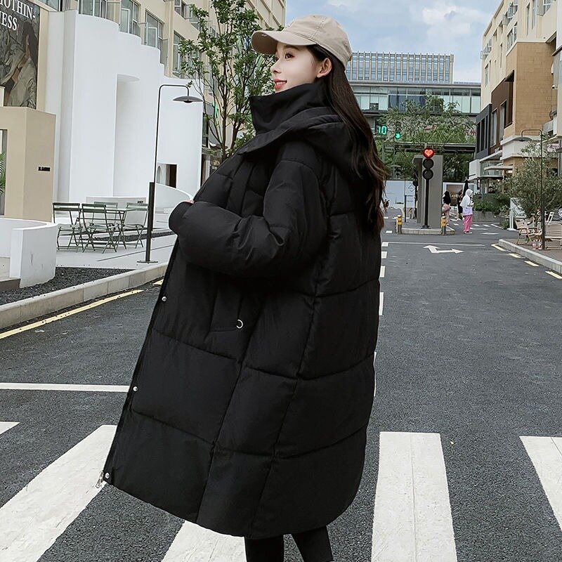 Jaket hangat bertudung wanita, mantel parka longgar tebal hangat musim dingin versi setengah panjang 2023