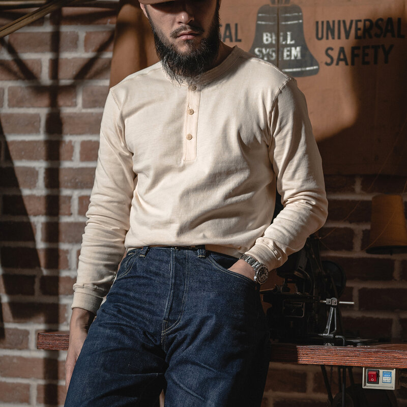 BRONSON-Camisa Henley masculina, antiga, camiseta de algodão, camiseta de manga comprida, tops slim fit, roupas vintage casuais, cor sólida
