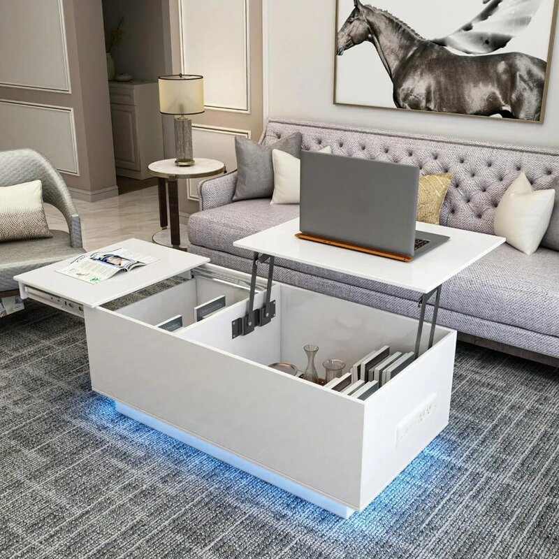 Подъемный журнальный столик со скрытым хранилищем, современный высокий глянцевый стол с фонариками и розеткой для гостиной, белый, Бесплатная доставка