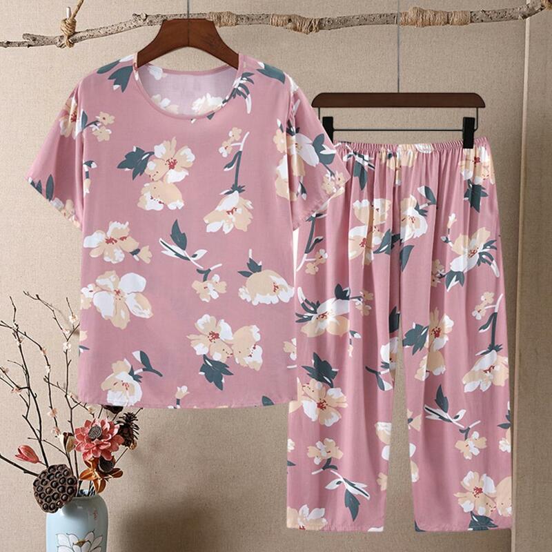 Women Pajama Set Elegant Mid-aged Women's Pajama Set With Floral Print Soft Fabric Elastic Waist Comfortable For Mother