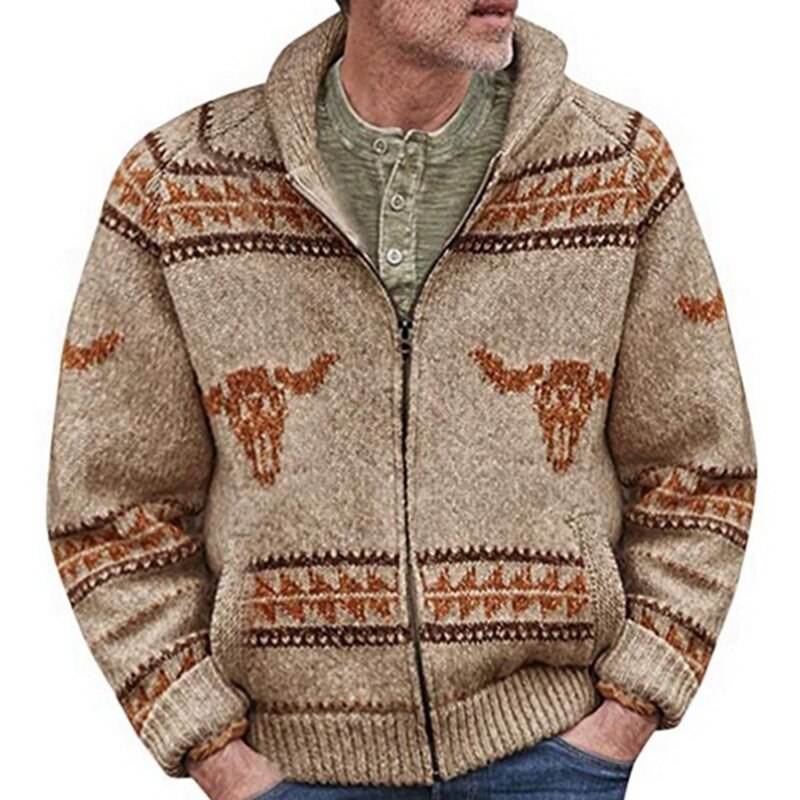 Pull en tricot à tête de vache pour hommes avec fermeture éclair, pull grossier, manteau Jacquard, automne et hiver, nouveau