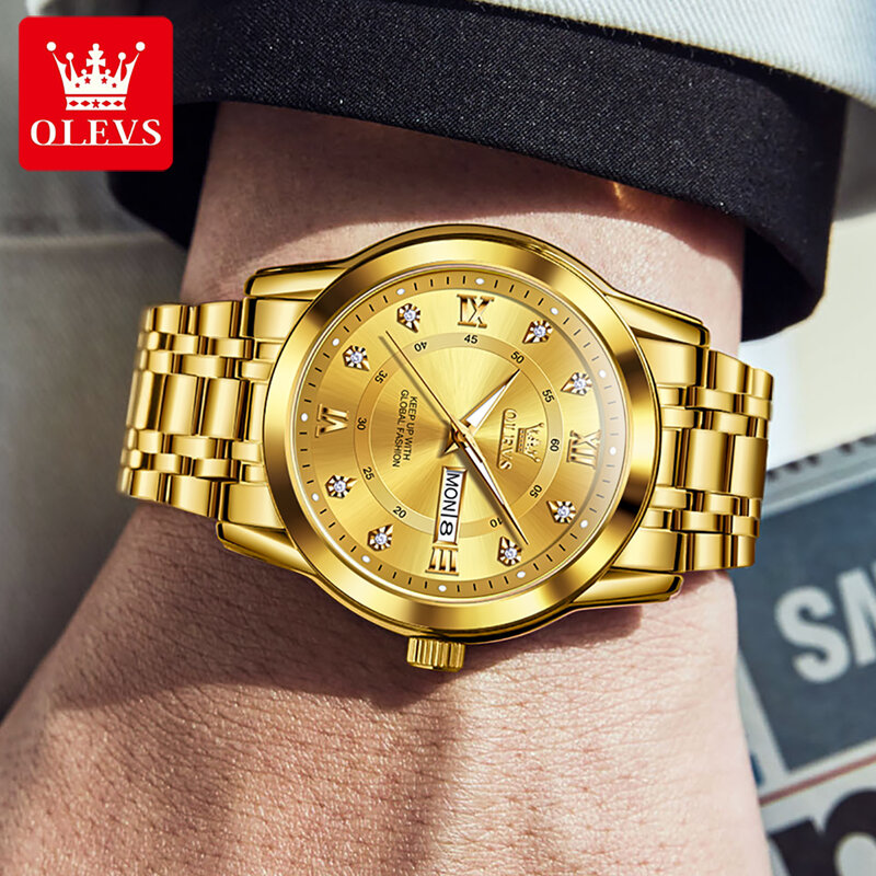 OLEVS jam tangan kuarsa untuk pria, arloji bisnis mewah bahan baja tahan karat dengan fitur tanggal otomatis, jam tangan bercahaya untuk pria
