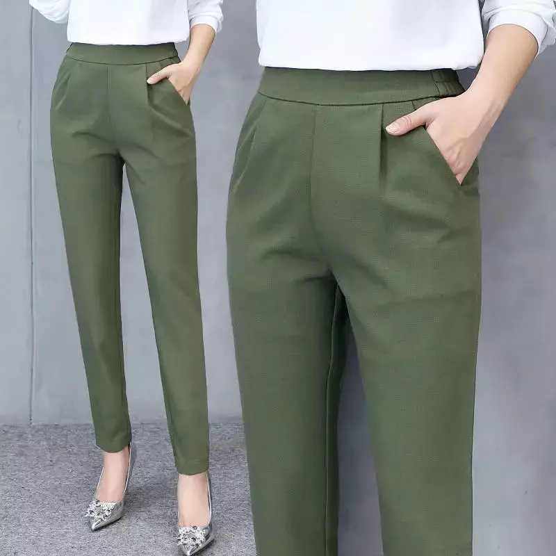 Grund Einfarbig Elastische Taille Harem Hosen Frauen Casual Frühling Ankle-Länge Hosen Große Größe Koreanische Dünne Arbeit Hosen weibliche
