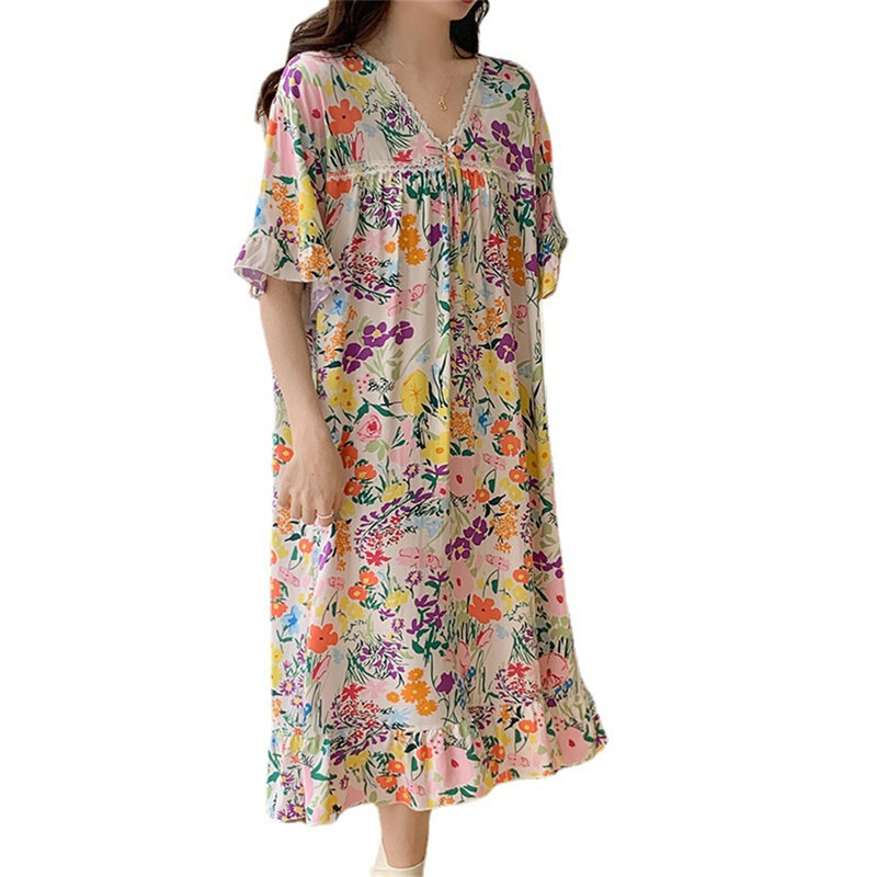 Summer Thin Short-sleeve V-neck Nightdress Women Printed Homewear Long Loose Nightgowns Girl Sweet Viscose Comfortable Sleepwear