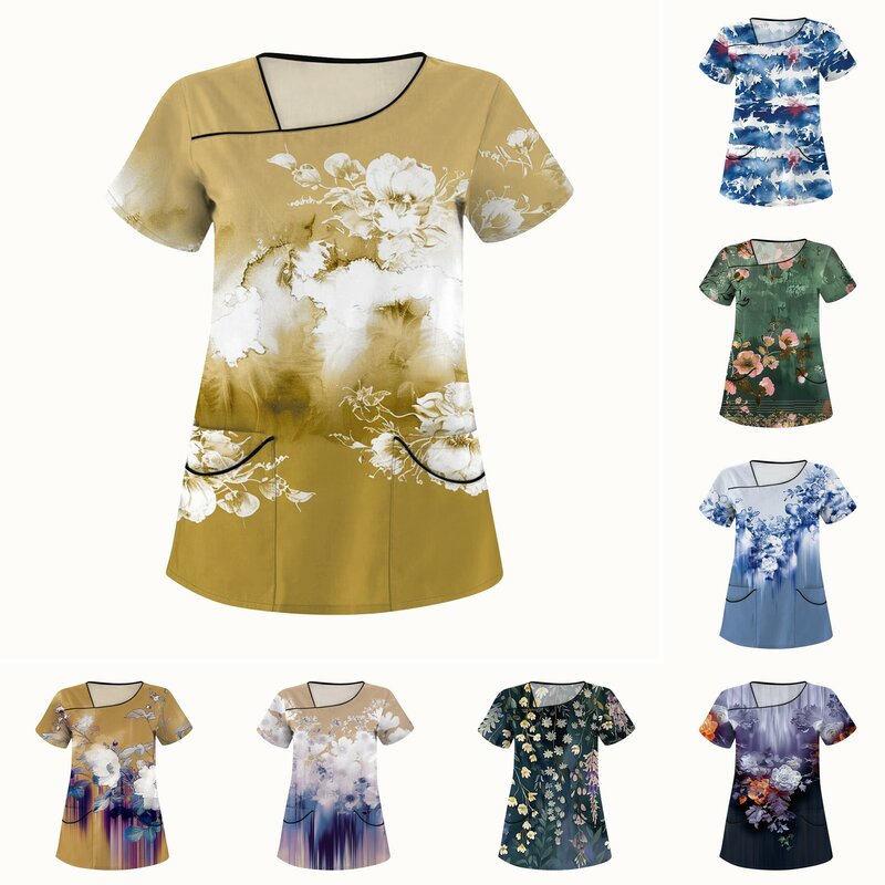 Arbeit mit Taschen Kleidung für Frauen gemalt Muster T-Shirts für Frau Neuankömmlinge medizinische Uniformen Ropa Para Mujer