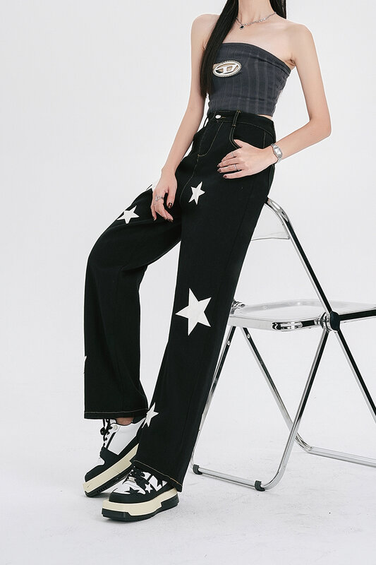 2024 Women's Harajuku Aesthetic Retro Denim Trousers  Wide Jean Pants High Street Instagram Style Black starry Wide Legged Jeans