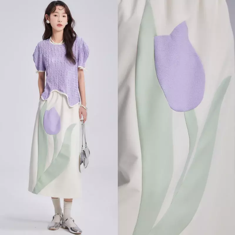 Contrast Color Tulip Splicing Coat Mid-Length Dress Set