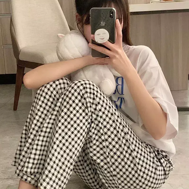 Plaid Pyjama Hosen für Frauen schlafen koreanischen Stil Nachtwäsche Sommer knöchel lange Hosen Home Room elastische Taille Schlaf kleidung