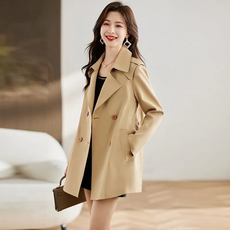 Mantel wanita Korea, gaya Preppy mantel Khaki gaya Korea saku lengan panjang longgar Vintage mantel Chic jaket