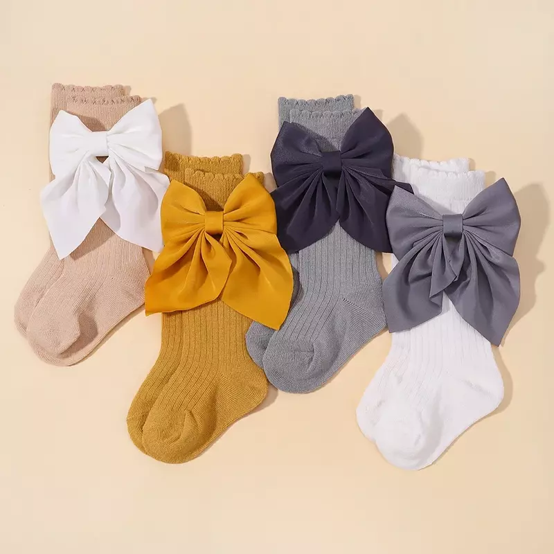 [Hairclip+Socks] Set Lovely Ribbon Bowknot Hairpins for Girl Soft Cotton Warm Stocking Autumn Best Gift Kids Hair Accessories