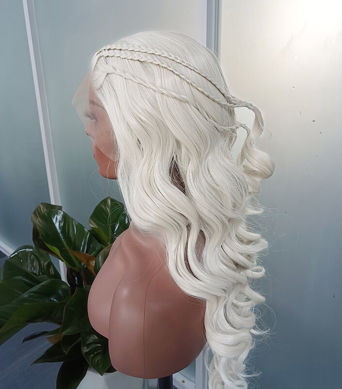 Diniwigi platynowa blond długa peruka Body Wave z warkoczami syntetyczna koronka peruki dla kobiet Daenerys Cersei przebranie na karnawał peruka