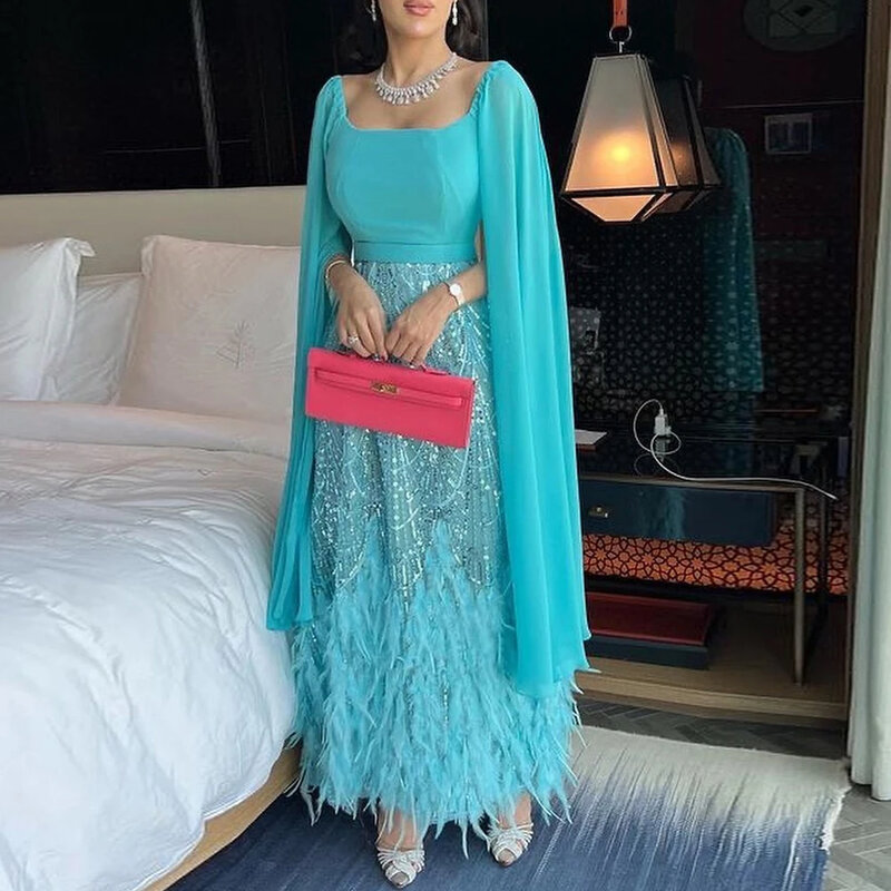 Quadratische Hals Mode Abendkleider sexy Meerjungfrau Satin Dubai Arab mit Federn benutzer definierte Pailletten Cape Ballkleider 2024 فساتين الس카رة