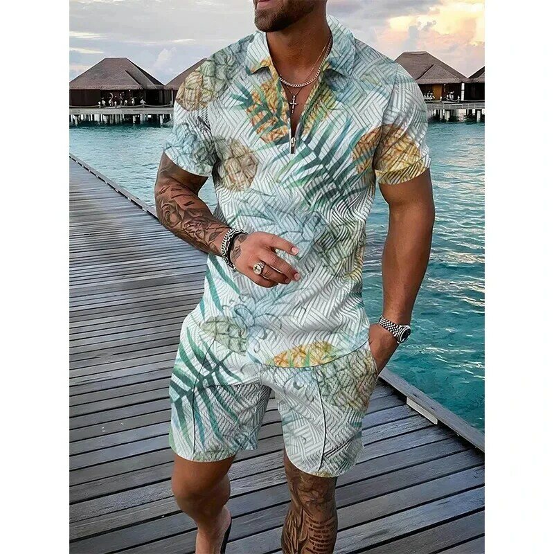 Men Fruit Tracksuit Pineapple Pawpaw 3D Print Short Sleeve Zipper Polo Shirt Shorts Sets 2 Pieces Oversized Streetwear Set Sui