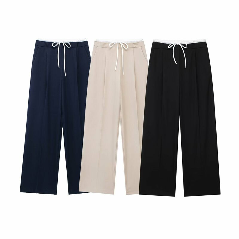 Женские широкие брюки в стиле ретро, модные шикарные свободные брюки с двойной талией, боковыми карманами, высокой эластичной талией и кулиской, весна 2024