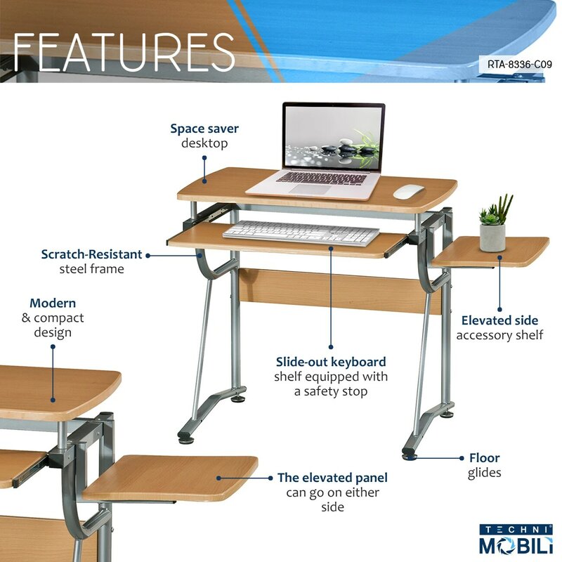 Techni Mobili Compact Computer Desk with Side Shelf and Keyboard Panel, Cherry - Versatile and Convenient