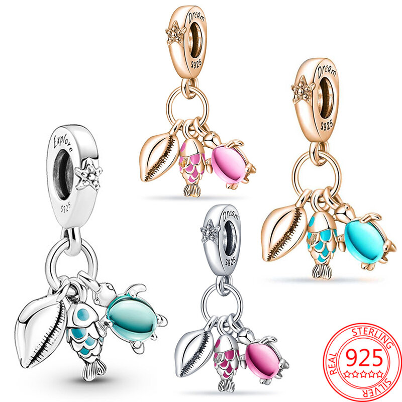 Kaca Murano Warna-warni Pink dan Biru Penyu Laut Menjuntai Jimat Cocok Pandora Gelang 925 Perak Murni Aksesori Perhiasan Wanita