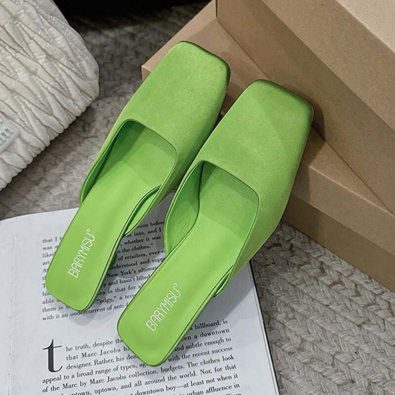 Mid Heels Slippers Women Mules Shoes Square Toe Slingback Sandals 2024 Summer Fashion New Flip Flops Beach Pumps Mujer Slides
