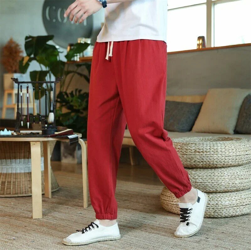 Calça casual de linho harém, estilo coreano solto, calça de nove pontas na moda, verão