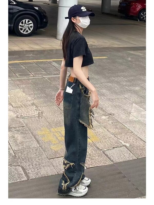 Nieobszyte brzegi z gwiazdkami jeansy Y2K męskie hip-hopowe kieszonki ultra-luźna w stylu retro haftowane spodnie z szerokimi nogawkami Harajuku gotyckie spodnie jeansowe