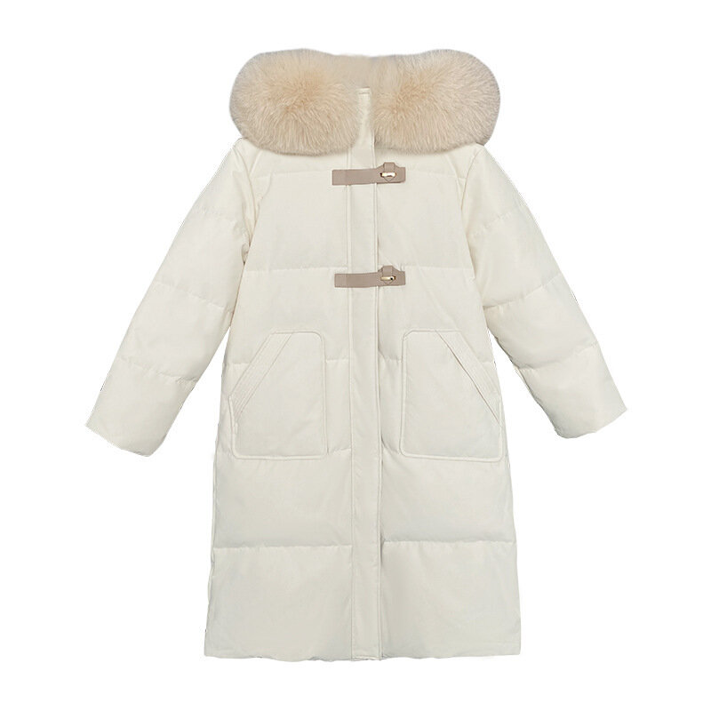 Single Row Leather Buckle Down Jacket for Women Mid Length Knee Length Fox Fur Collar Winter Coat