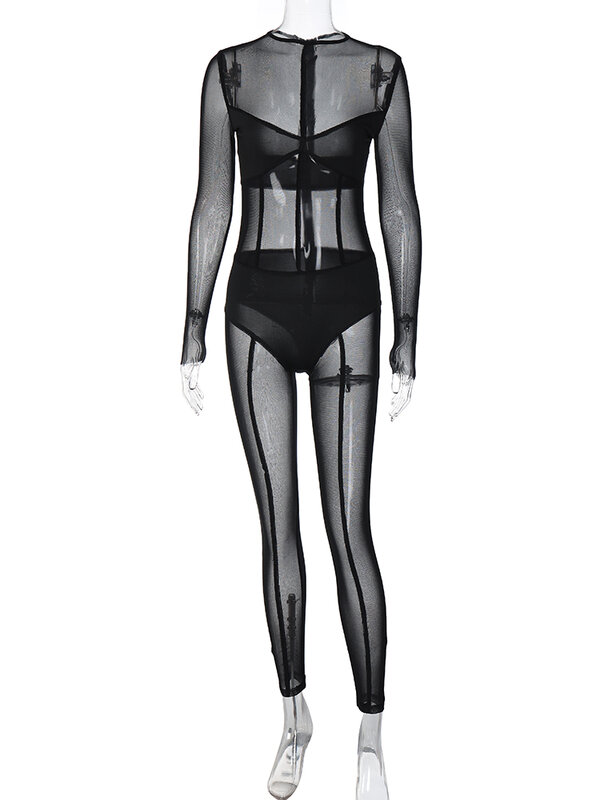 Hawthaw-Combinaison noire à manches longues pour femmes, tenue une pièce, club, maille, voir à travers la batterie, sexy, automne, hiver, 2023