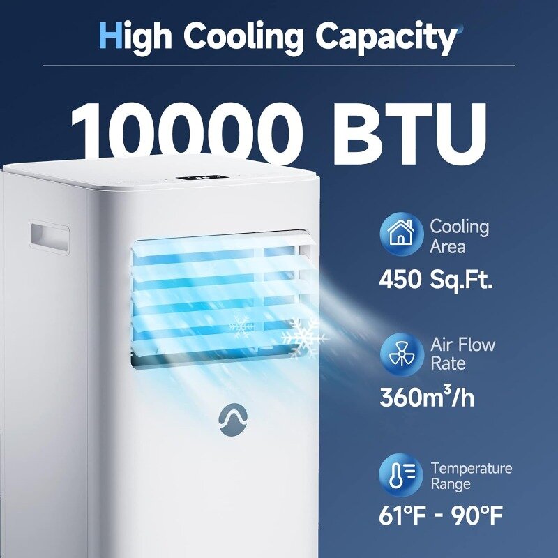 Condicionador de ar portátil para quarto, 10000 BTU, até 450 Sq Ft. Desumidificador de unidade de CA e ventilador com display digital, temporizador 3 em 1, 24H