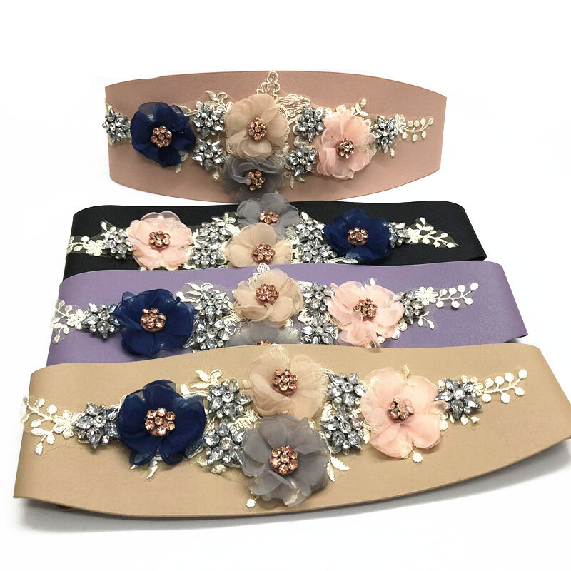 Fajas de piel sintética con cuentas y flores para mujer, corsés para vestido femenino, cinturón ancho de decoración R192