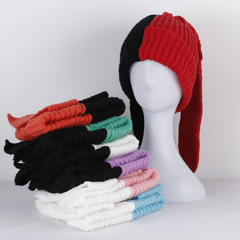 Orelhas compridas para mulheres com malha de lã, boné colorblock quente, chapéus góticos, moda outono e inverno, frete grátis