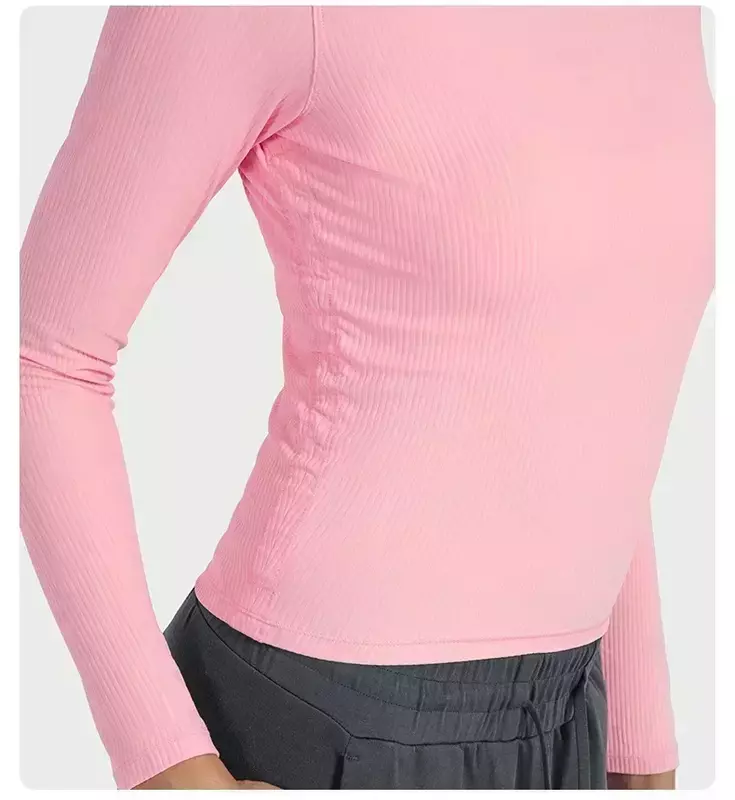 Lemon-Camiseta de manga larga para mujer, camisa deportiva elástica ajustada de tela acanalada, transpirable, secado rápido, para correr y Fitness