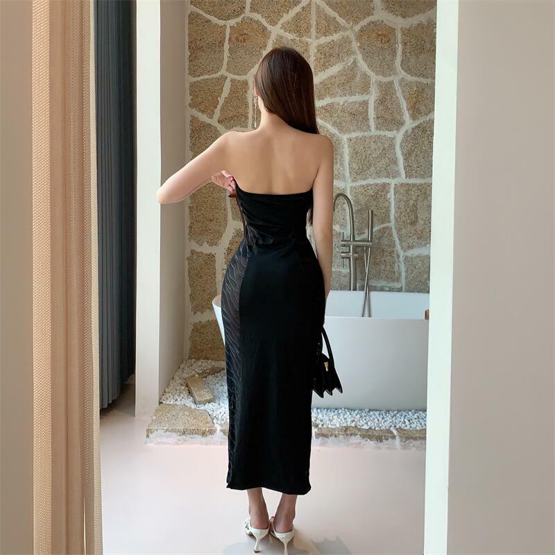 Vestido de malha preta sem encosto feminino, sexy cortado, costura em perspectiva, sem alças, Y2K Long Robe, roupas bodycon, 27919