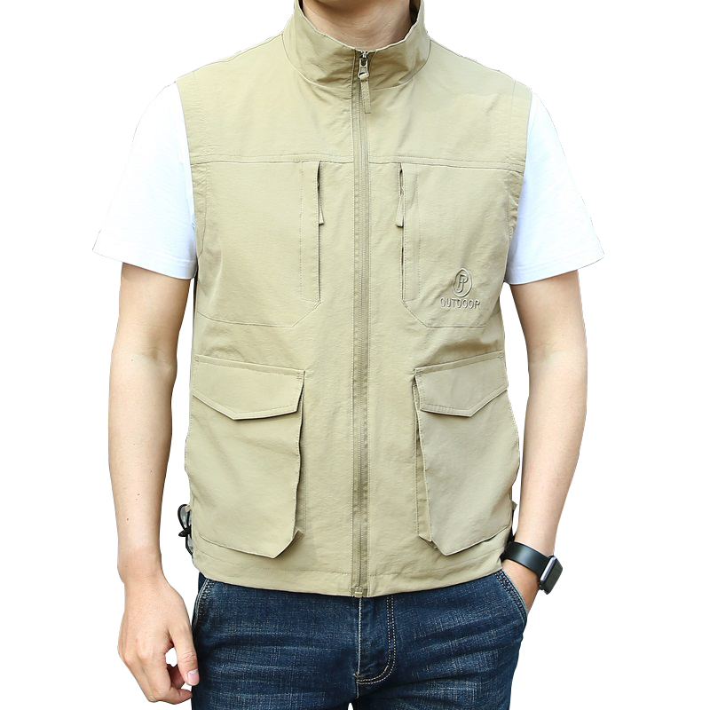 2024 Summer Men's Vest Light Breathable Multi-pocket Zipper Solid Color Top Outdoor Hiking Fishing Men's Sleeveless Jacket