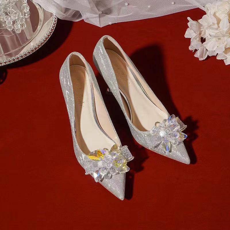 2023 Spring New Women's Fashion Pointed Crystal Flower Slim Heel High Heel Single Shoes Banquet Wedding Shoes 34 to 43 Sizes