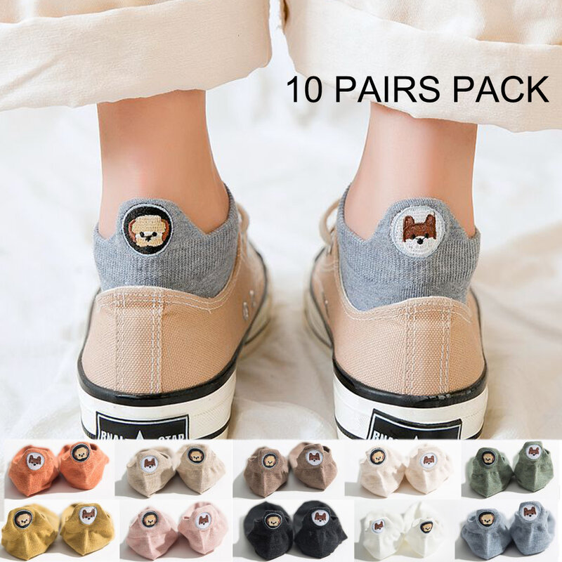 10 pares pacote de mulheres kawaii moda bordado cão animal cabeça curto tornozelo meias definir bonito dos desenhos animados feliz engraçado algodão barco meias
