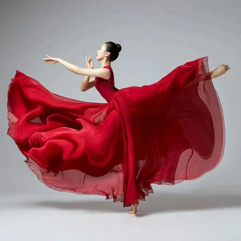 女性用ダブルレイヤーシフォンスカート,720度,回転,大きなスイング,クラシックダンスの衣装,赤と白