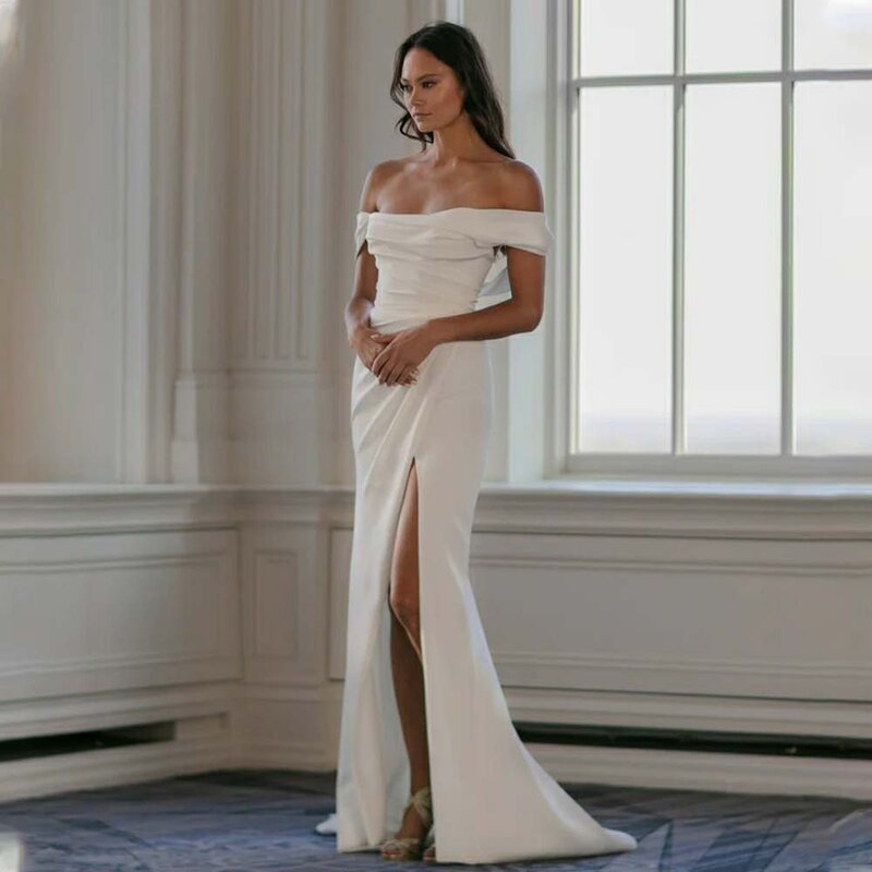 Vestido De novia De sirena De satén suave plisado con hombros descubiertos, abertura lateral, Formal, hecho a medida, 2024