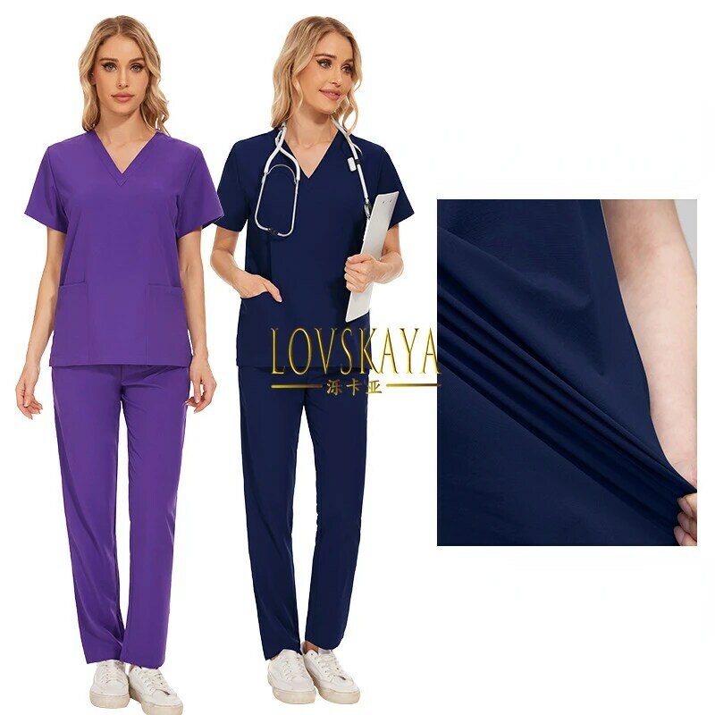 Set pakaian kerja lengan pendek elastis, tipis cepat kering untuk rumah sakit salon kecantikan dokter dan perawat musim panas