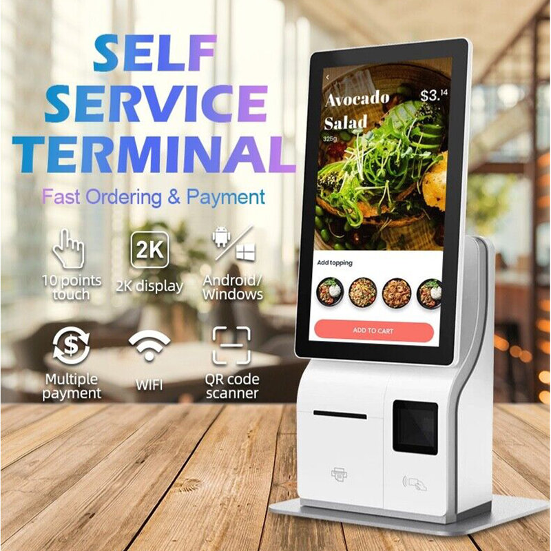 15.6 inch self order kiosk, self service terminal with touch screen Android or windows OSD, 58-80 mm printer, barcode scanner