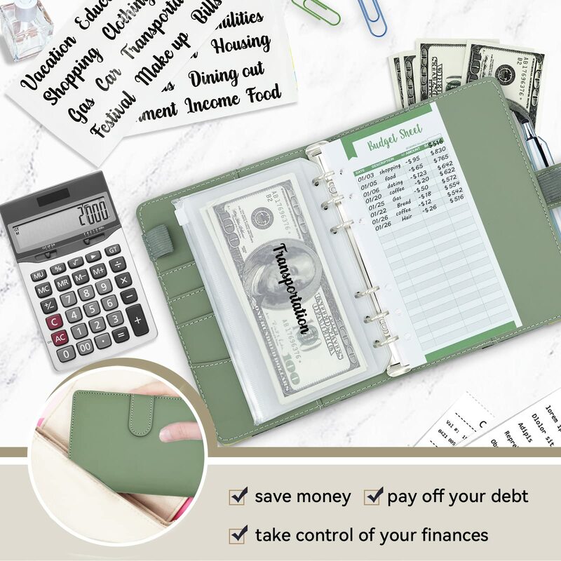 New A6 Pu Leather Budget Binder Notebook Cash Envelopes System Set Clip-On Binder Pockets for Money Budget Saving Bill Organizer