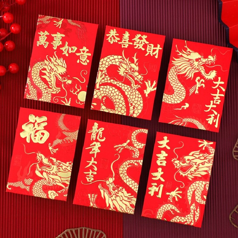 Envelopes vermelhos personalizados para festival de primavera, pacote vermelho criativo, dragão, ano novo, primavera, atacado, 2024, 6pcs