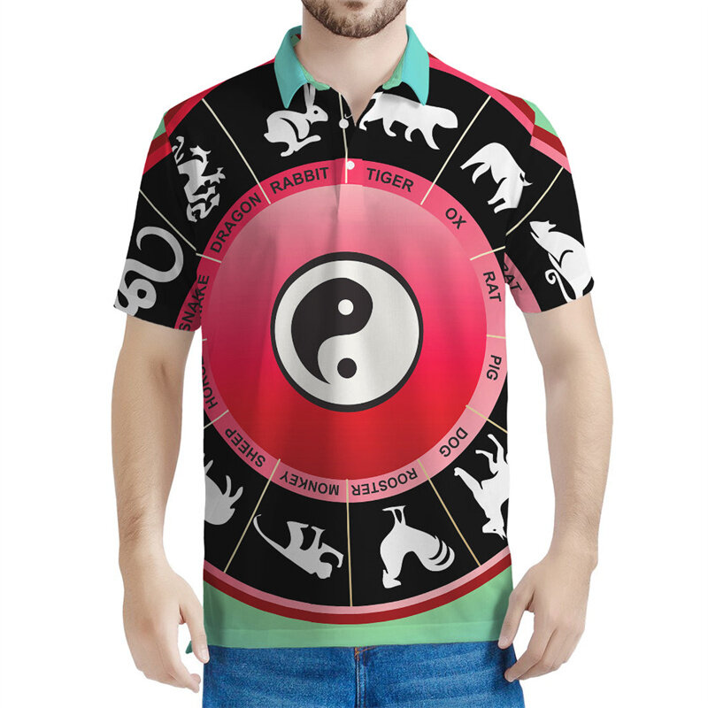 Vintage Yin Yang Pattern Polo Shirt Men 3D Printed The Eight Trigrams Tees Summer Lapel Short Sleeves Tops Button Loose T-Shirt