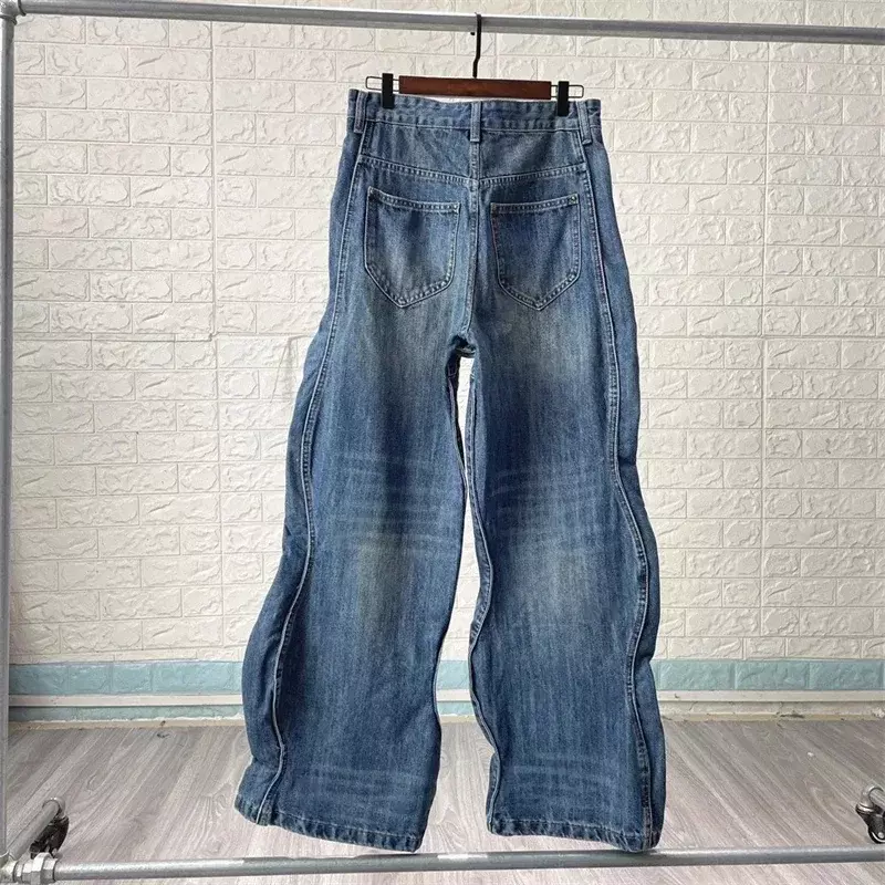 Pantalones vaqueros ondulados de gran tamaño para hombre y mujer, pantalón de tela pesada lavada con luz azul, novedad