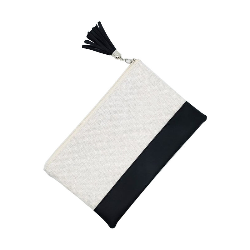 Bolsa de almacenamiento de lino en blanco con sublimación térmica, bolsa de monedas de transferencia de calor con cremallera, bolsa de cosméticos pequeña con flecos
