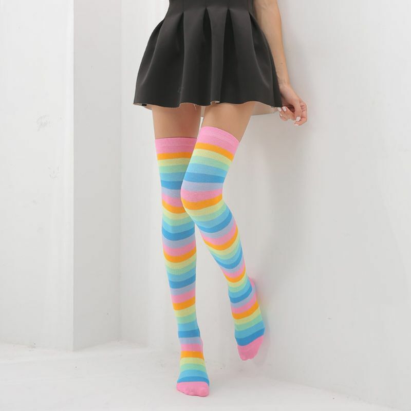 Mulheres meninas fantasia arco-íris listras coloridas sobre o joelho meias longas halloween cospla dropship