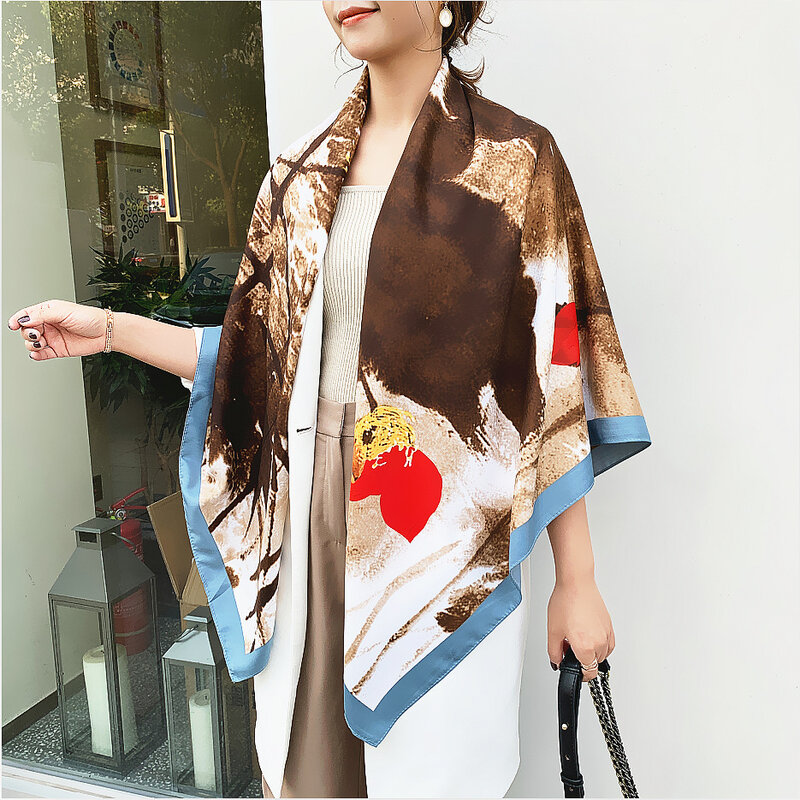 New European and American fashion vintage ink painting printing  shawl lady twill Big square scarf family party mom gift