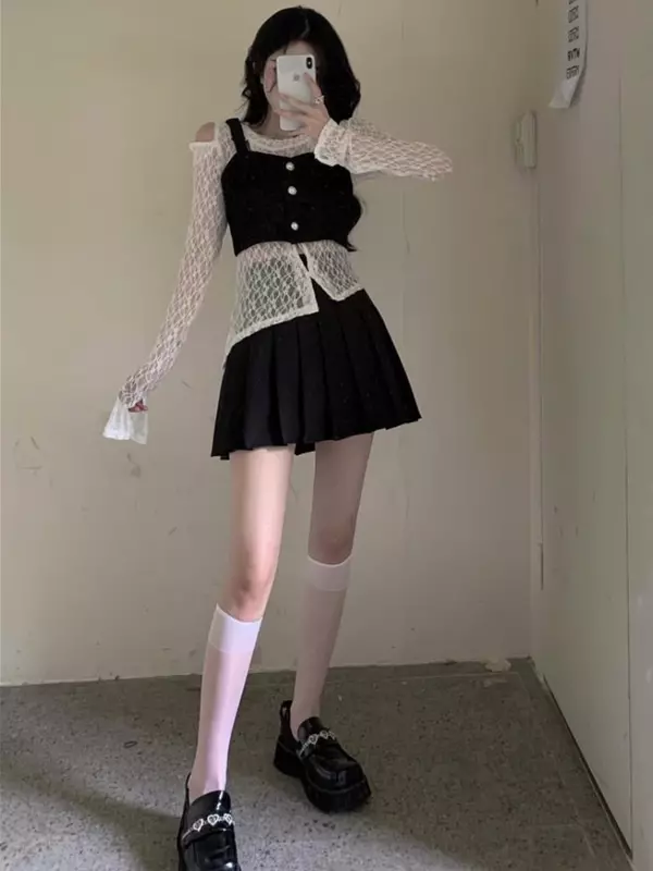 여성용 미니 스커트 세트, 플리츠 디자인 캐미솔 슬림 스위트 셔츠, 비대칭 얼짱, 섹시한 여름 소녀, 오프 숄더